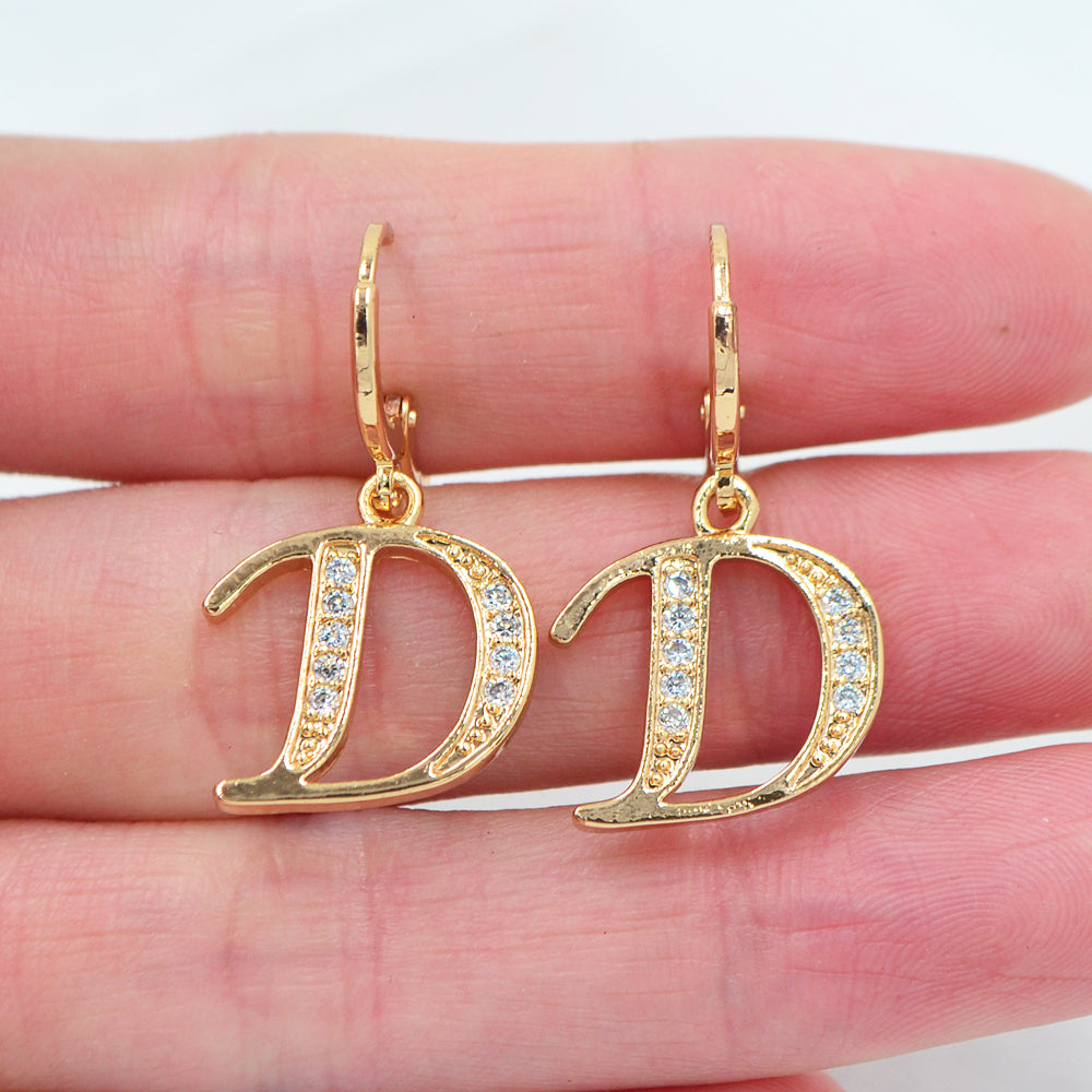 Wholesale Gold Plated Women Clear Zircon CZ Alphbet Letter A to Z Dangle Earrings Jewelry