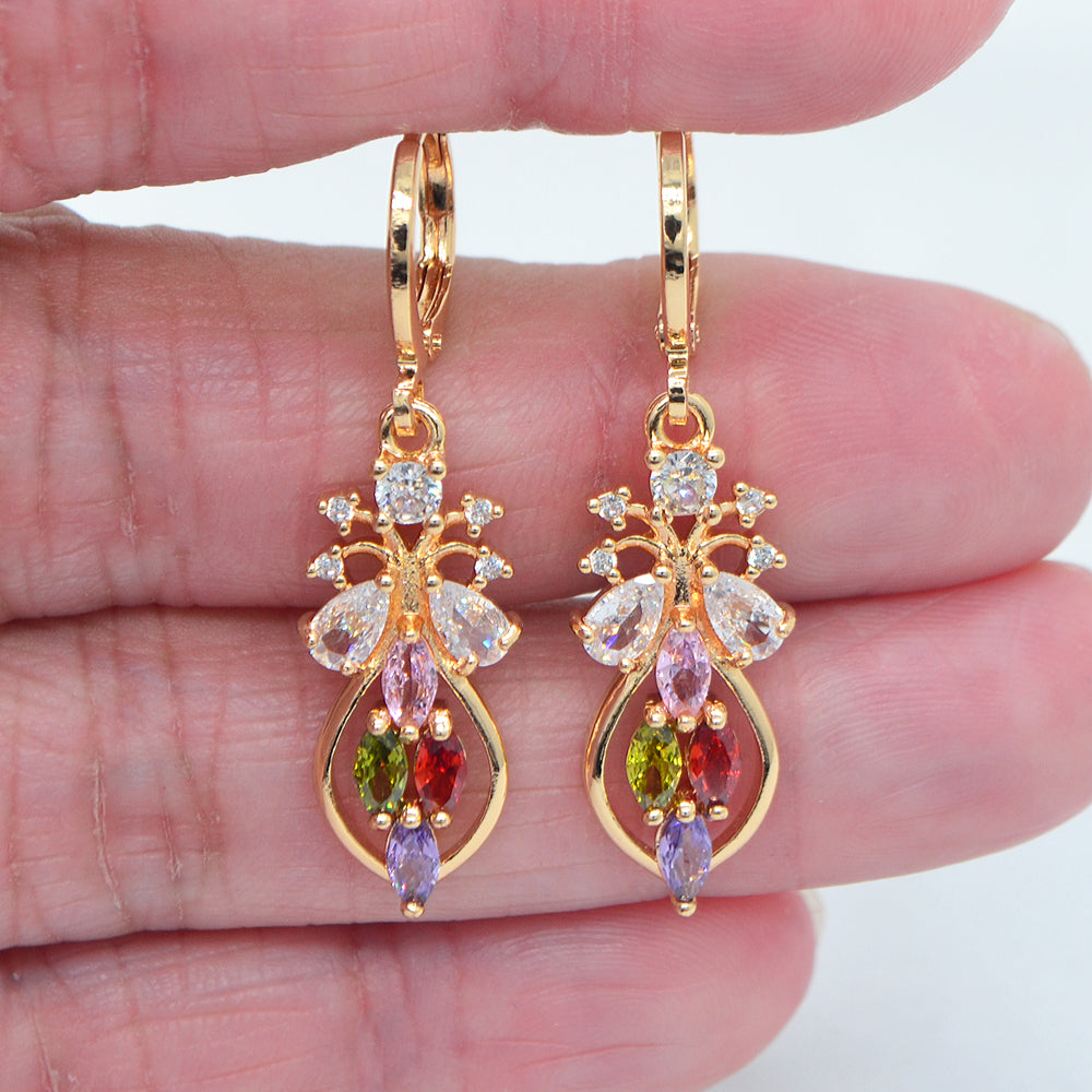 Wholesale Gold Plated Women Multicolor Zircon CZ Flower Teardrop Dangle Earring Jewelry