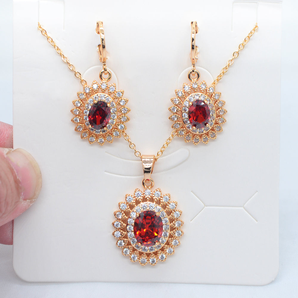 Wholesale Gold Plated Women Luxury Green Zircon CZ Halo Oval Jewelry Set