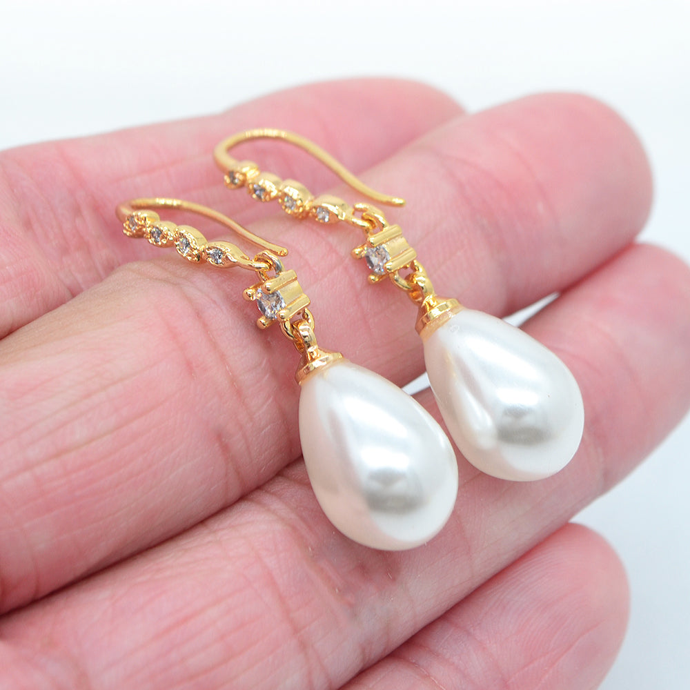 Wholesale Gold Plated Women Clear Zircon White Teardrop Pearl Dangle Earrings Jewelry
