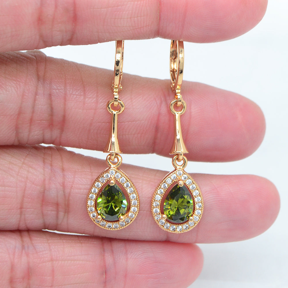Wholesale Gold Plated Women Green Zircon CZ Teardrop Dangle Earring Jewelry