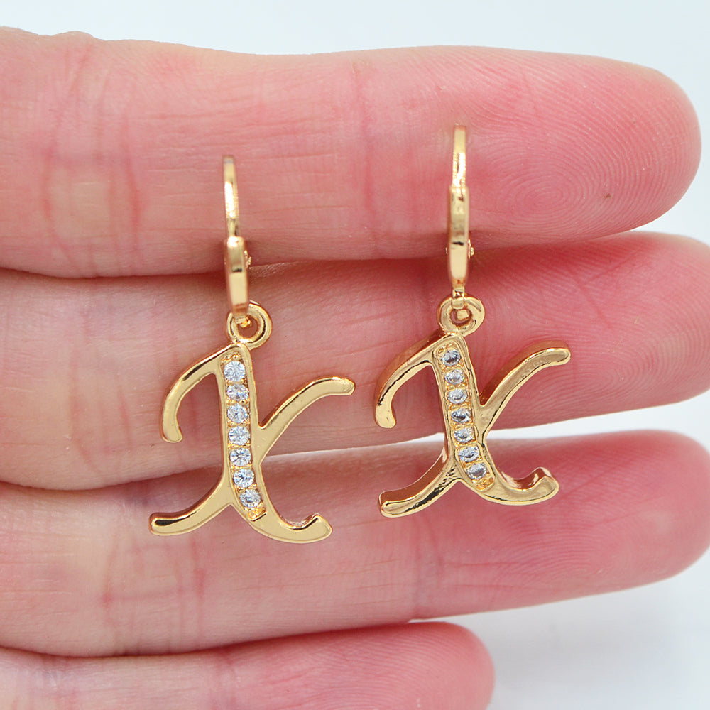 Wholesale Gold Plated Women Clear Zircon CZ Alphbet Letter A to Z Dangle Earrings Jewelry
