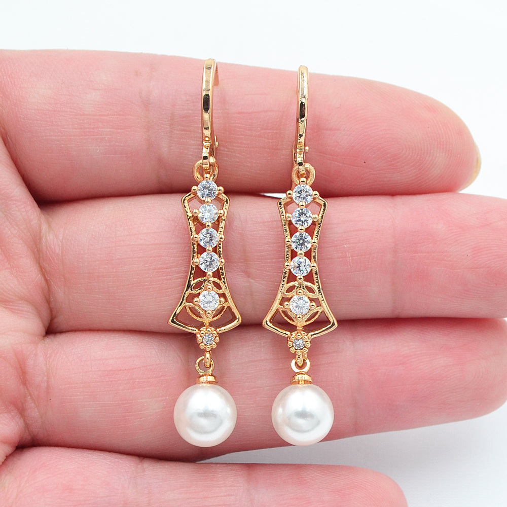 Wholesale Gold Plated Women Clear Zircon CZ White Pearl Dangle Earrings Jewelry