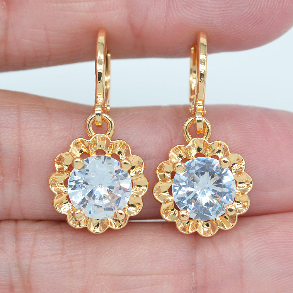Wholesale Gold Plated Women Clear Zircon CZ Flower Dangle Earrings Jewelry