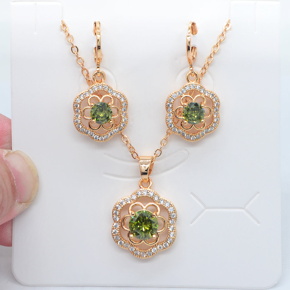 Wholesale Gold Plated Women Fashion Green Zircon CZ Flower Jewelry Set