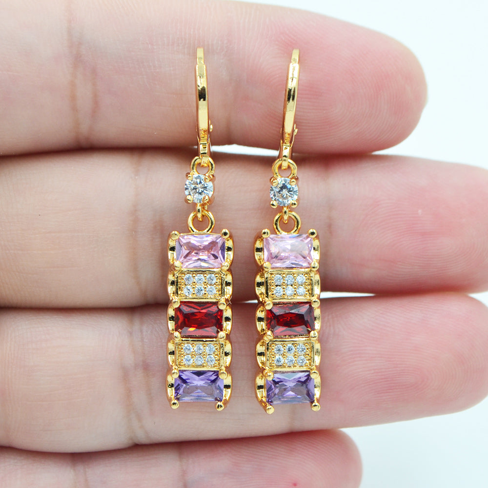 Wholesale Gold Plated Women Multicolor Zircon CZ Rectangle Dangle Earrings Jewelry