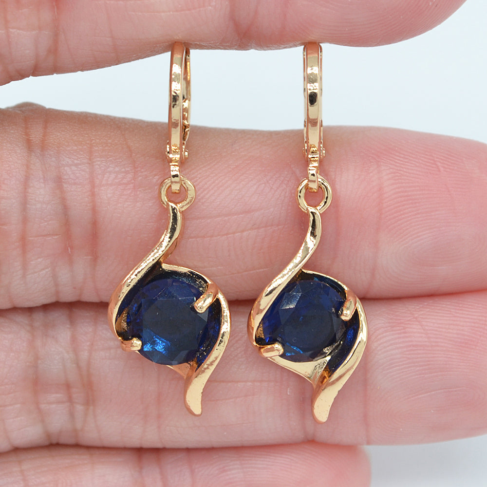 Wholesale Gold Plated Women Simple Blue Zircon CZ Heart Dangle Earrings Jewelry
