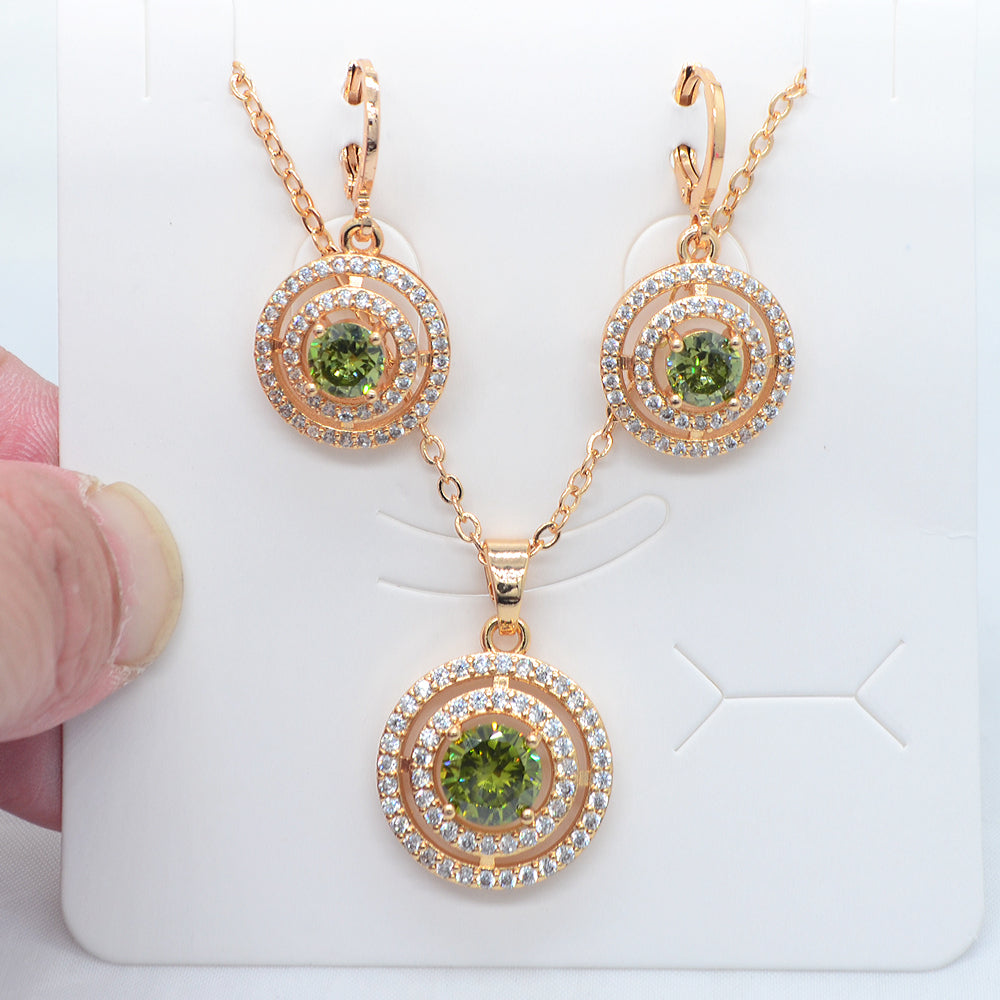 Wholesale Gold Plated Women Fashion Green Zircon CZ Round Circles Jewelry Set