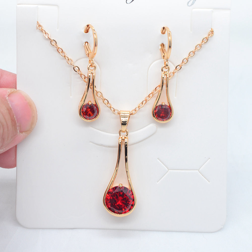 Wholesale Gold Plated Women Red Zircon CZ Long Teardrop Jewelry Set