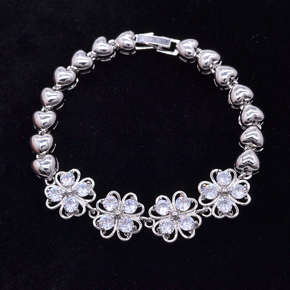 Wholesale Gold Plated Women Clear Zircon CZ Flower Charms Bracelet Jewelry