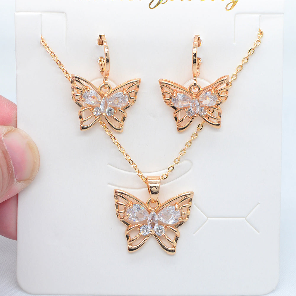 Wholesale Gold Plated Women Fashion Multicolor Zircon CZ Butterfly Jewelry Set