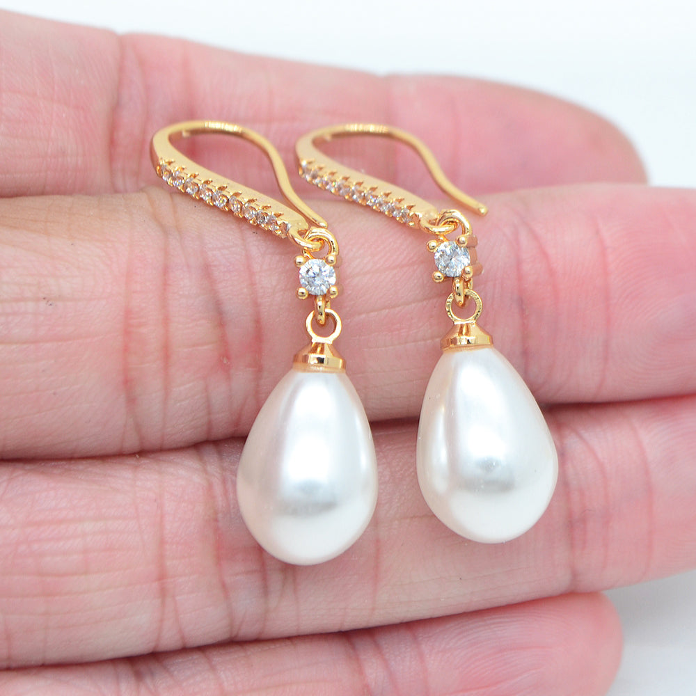 Wholesale Gold Plated Women Clear Zircon White Teardrop Pearl Dangle Earrings Jewelry