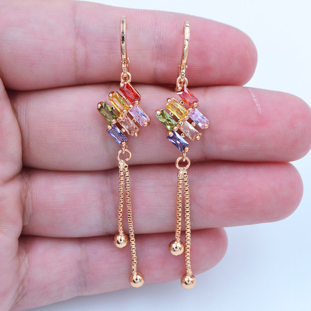 Wholesale Gold Plated Women Multicolor Zircon CZ Lozenge Tassel Dangle Earrings Jewelry