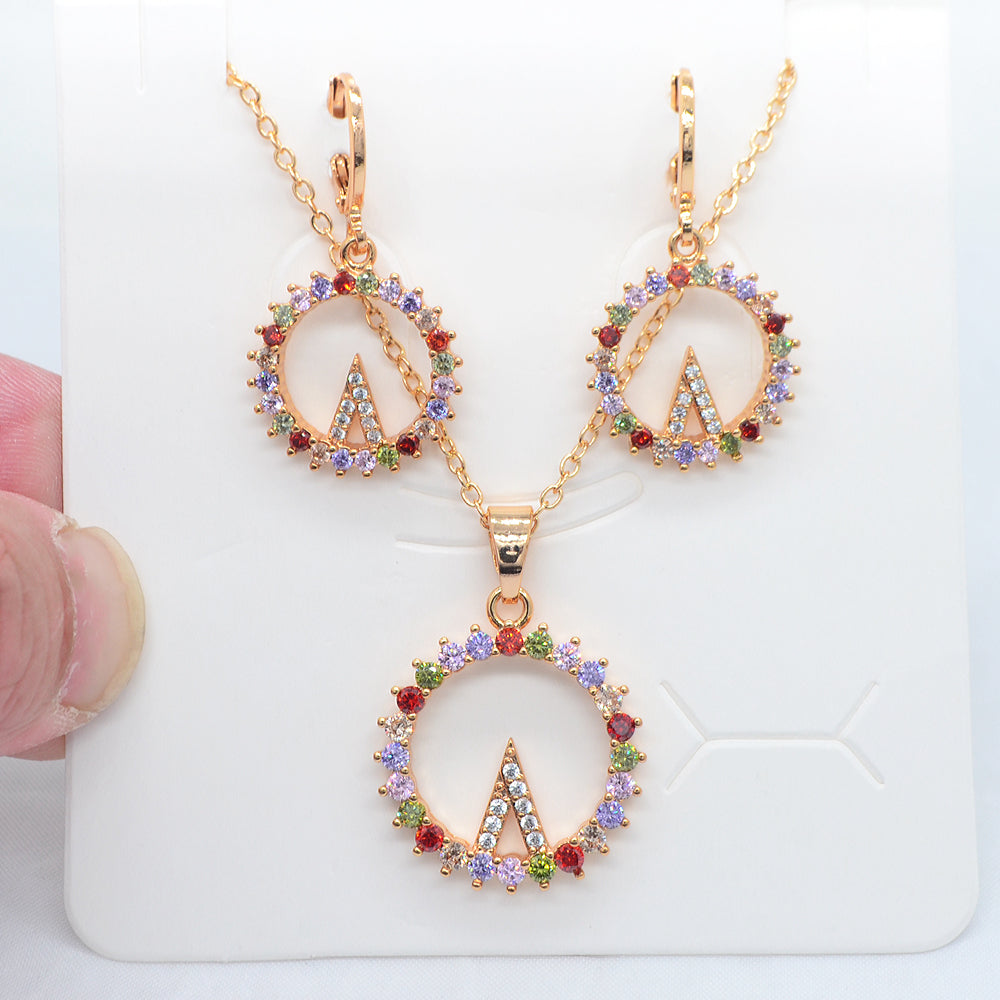 Wholesale Gold Plated Women Fashion Multicolor Zircon CZ Round Circle Jewelry Set