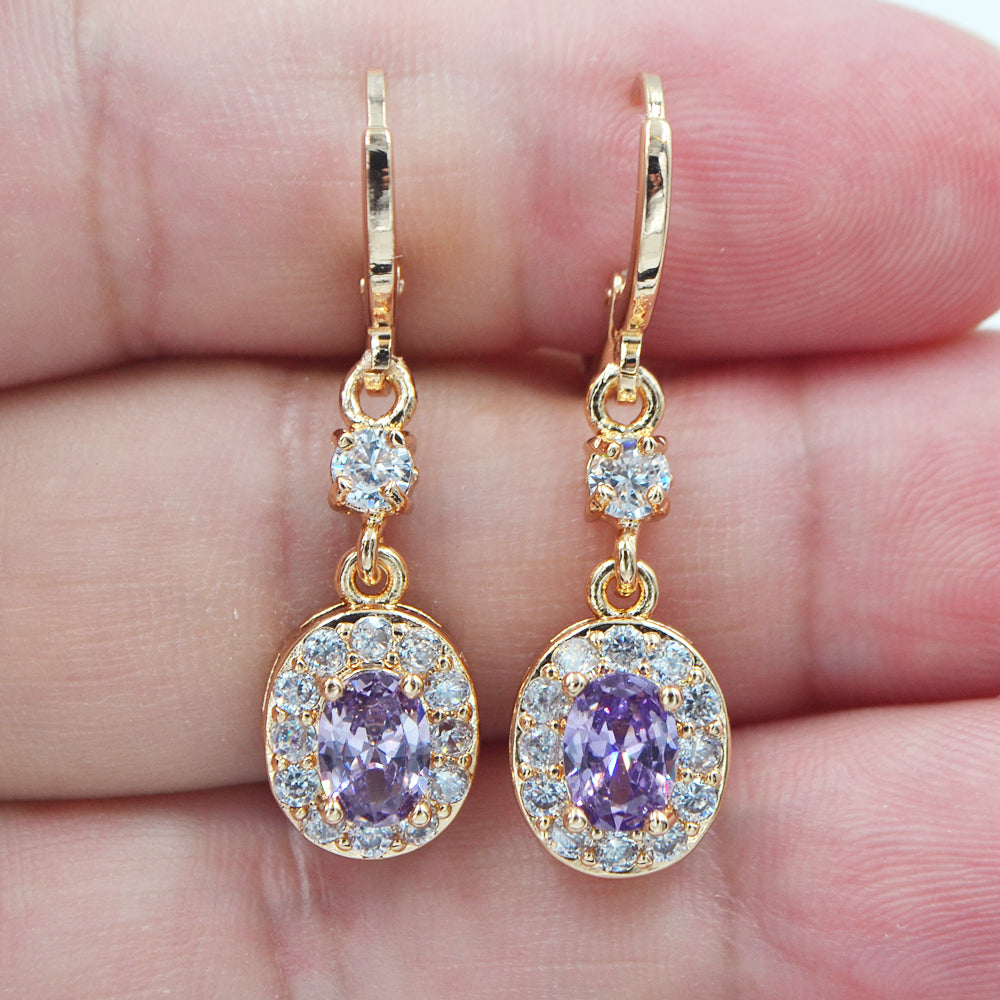 Wholesale Gold Plated Women Red Cubic Zirconia CZ Oval Dangle Wedding Earrings Jewelry