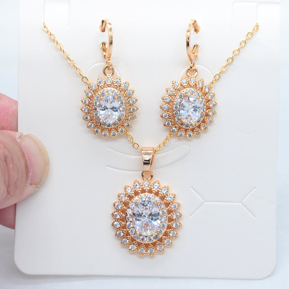Wholesale Gold Plated Women Luxury Green Zircon CZ Halo Oval Jewelry Set