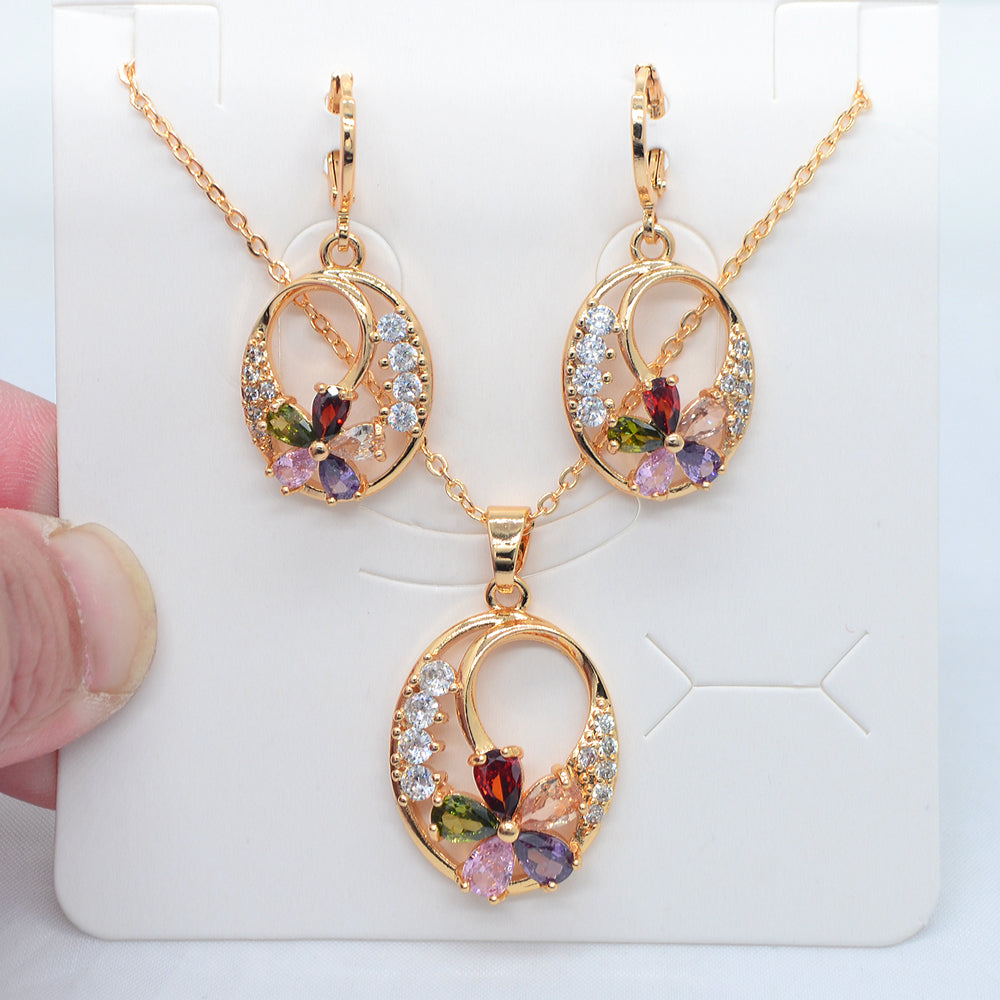Wholesale Gold Plated Women Fashion Multicolor Zircon CZ Oval Flower Jewelry Set