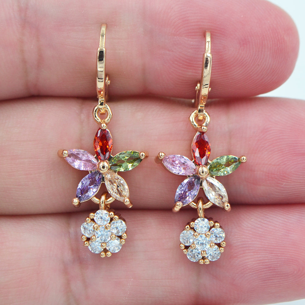Wholesale Gold Plated Women Multicolor Zircon CZ Flower Dangle Earrings Jewelry