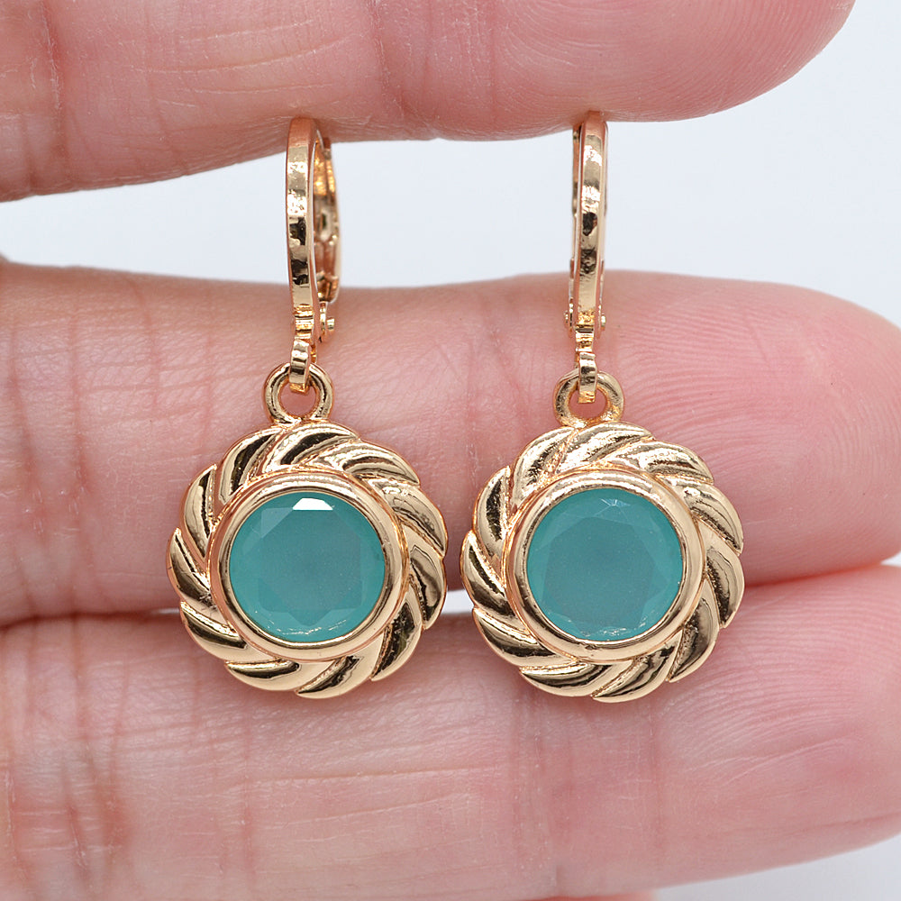 Wholesale Gold Plated Women Lake Blue Zircon CZ Round Dangle Earrings Jewelry