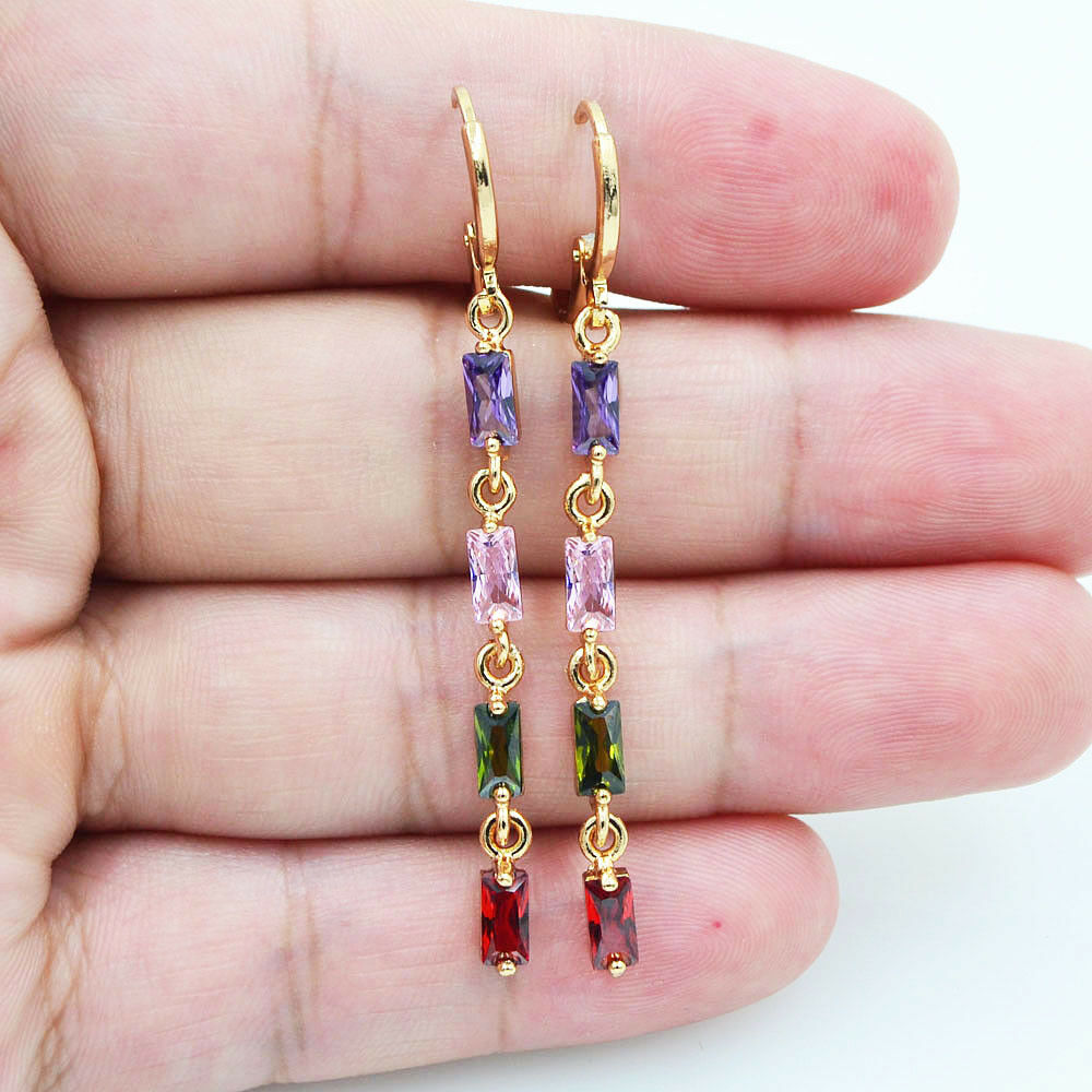 Wholesale Gold Plated Women Multicolor Zircon CZ Linear Dangle Earrings Jewelry