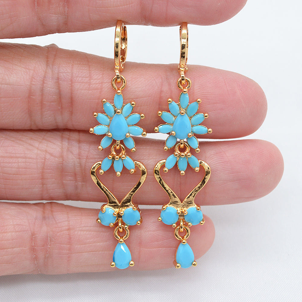 Wholesale Gold Plated Women Lake Blue Zircon CZ Chandelier Dangle Earrings Jewelry