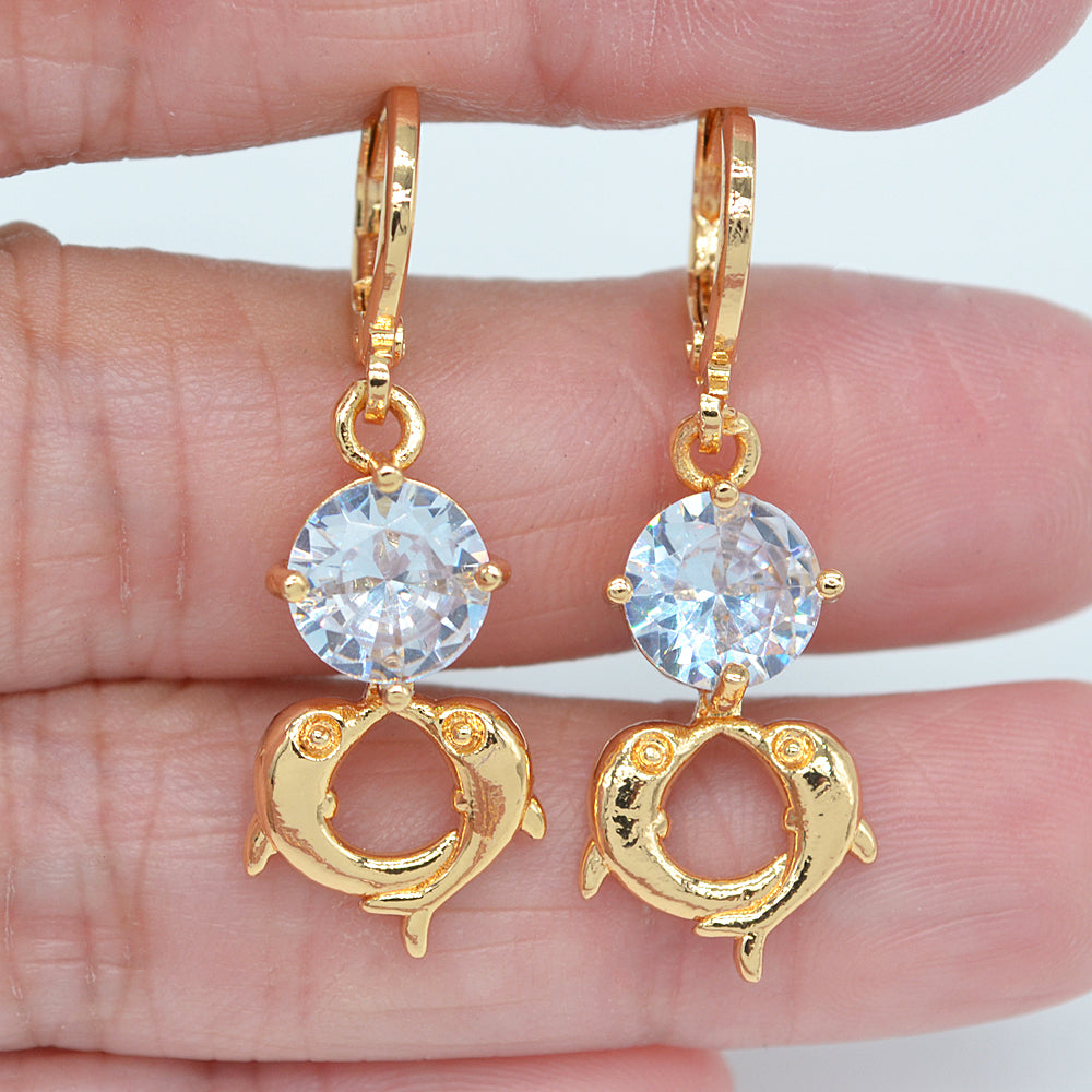 Wholesale Gold Plated Women Red Zircon CZ Dolphins Dangle Earrings Jewelry