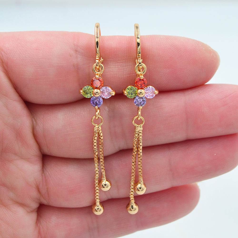 Wholesale Gold Plated Women Multicolor Zircon CZ Long Flower Tassel Dangle Earrings Jewelry