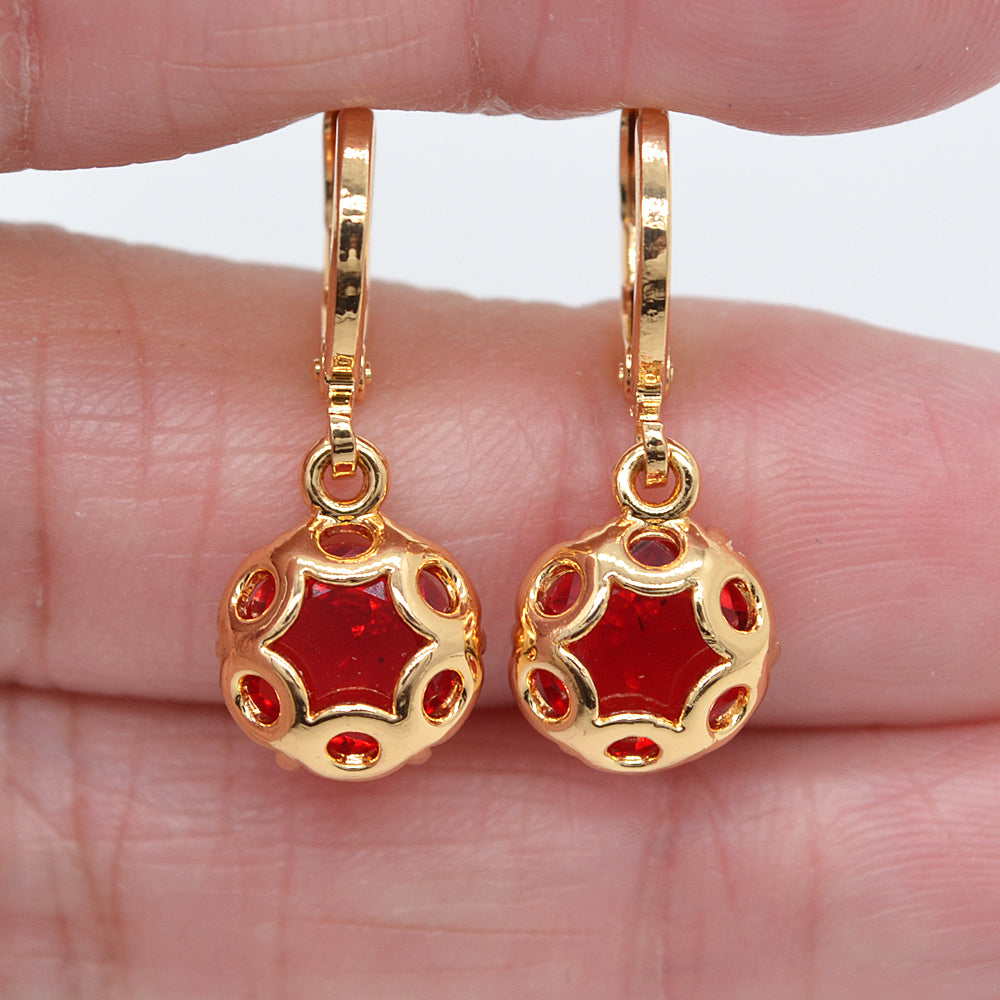 Wholesale Gold Plated Women Red Zircon CZ Hollow Round Dangle Earrings Jewelry