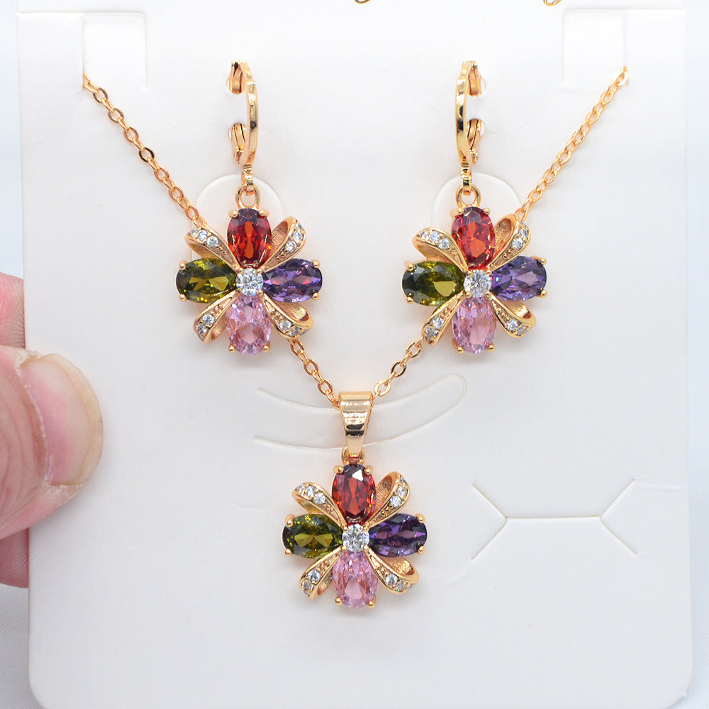Wholesale Gold Plated Women Fashion Multicolor Zircon CZ Flower Engagement Jewelry Set