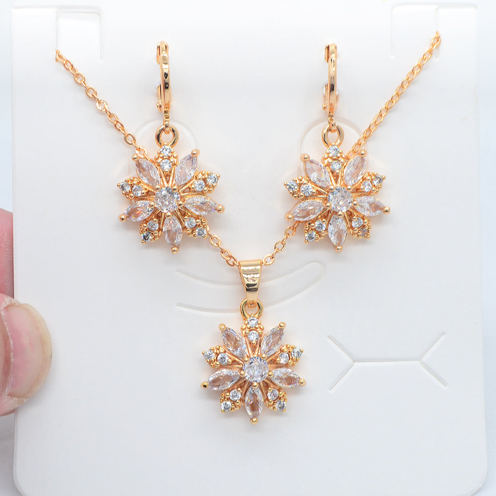 Wholesale Gold Plated Women Fashion Multicolor Zircon CZ Blossom Flower Jewelry Set