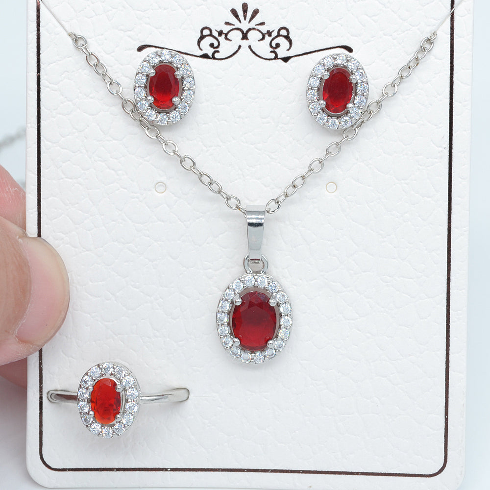 Wholesale Gold Plated Women Red Zircon CZ Halo Oval Wedding Jewelry Set Free Ring Size