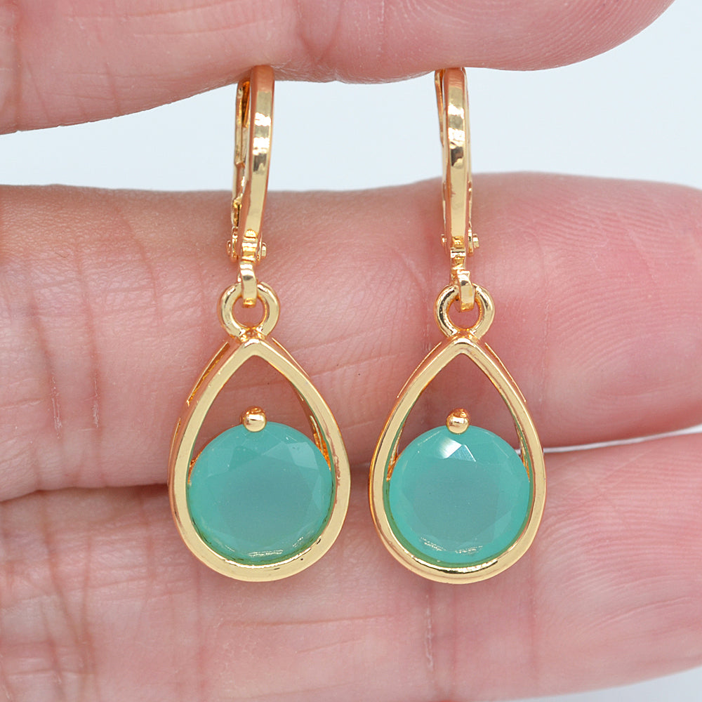 Wholesale Gold Plated Women Jade Green Zircon CZ Teardrop Dangle Earrings Jewelry