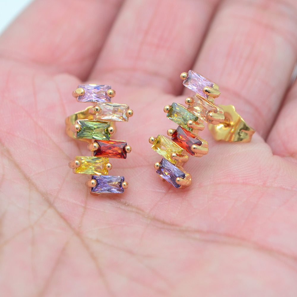 Wholesale Gold Plated Women Irregular Multicolor Rectangle Zircon CZ Stud Earrings Jewelry