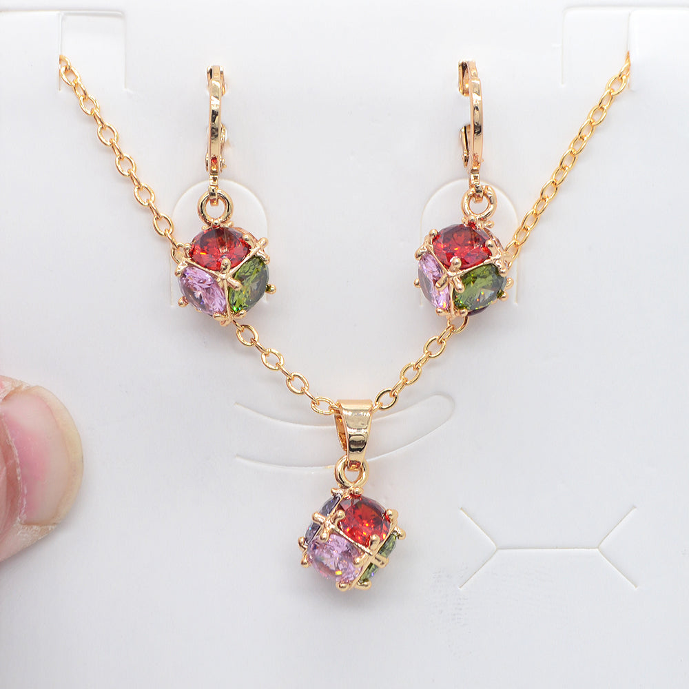 Wholesale Gold Plated Women Fashion Multicolor Zircon CZ Cubic Block Knot Jewelry Set