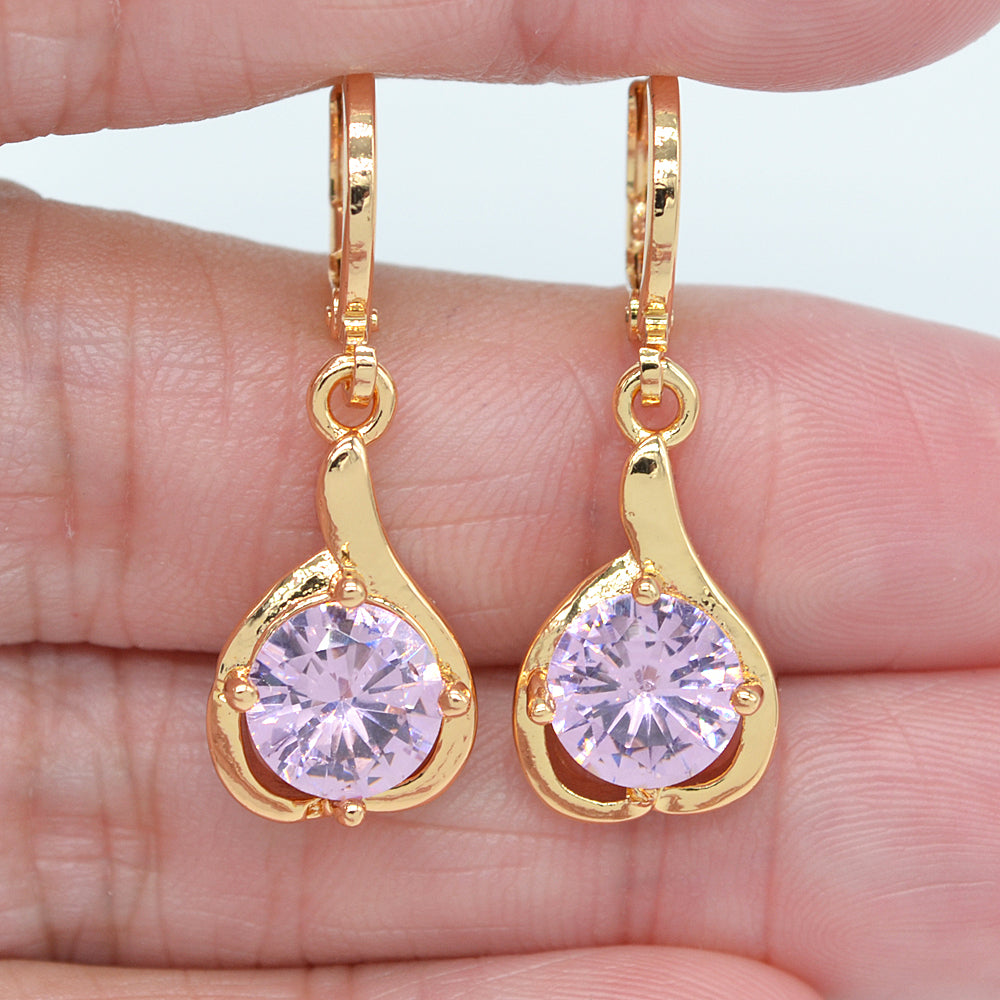 Wholesale Gold Plated Women Fashion Pink Zircon CZ Dangle Earrings Jewelry