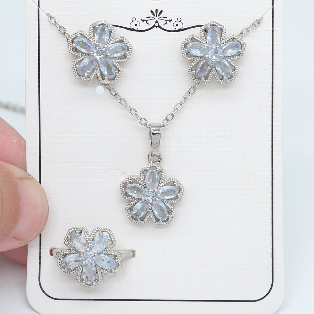 Wholesale Gold Plated Women Green Zircon CZ Flower Jewelry Set Free Ring Size