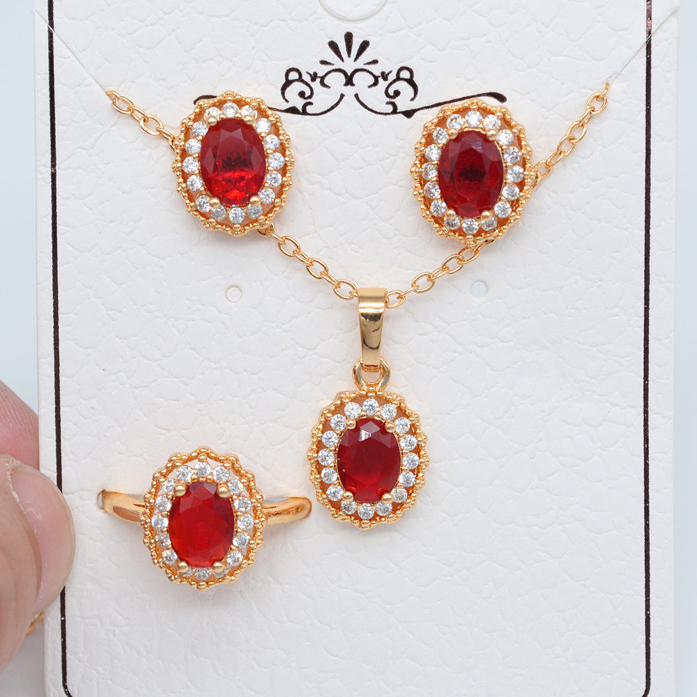 Wholesale Gold Plated Women Green Zircon CZ Halo Oval Wedding Jewelry Set Free Ring Size