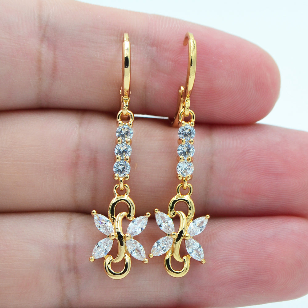 Wholesale Gold Plated Women Clear Zircon CZ Long Flower Dangle Earrings Jewelry