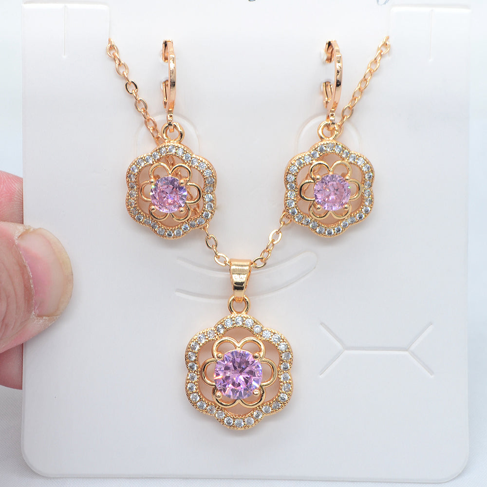 Wholesale Gold Plated Women Fashion Green Zircon CZ Flower Jewelry Set