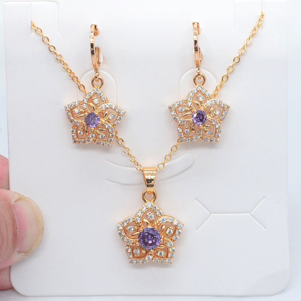 Wholesale Gold Plated Women Fashion Red Zircon CZ Flower Jewelry Set for Wedding
