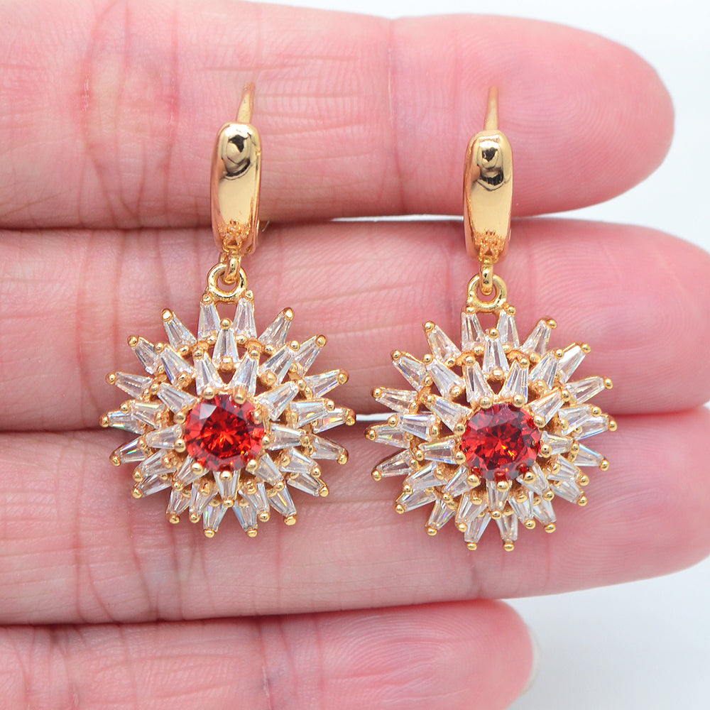Wholesale Gold Plated Women Red Zircon CZ Luxury Blossom Flower Dangle Huggie Earrings Jewelry