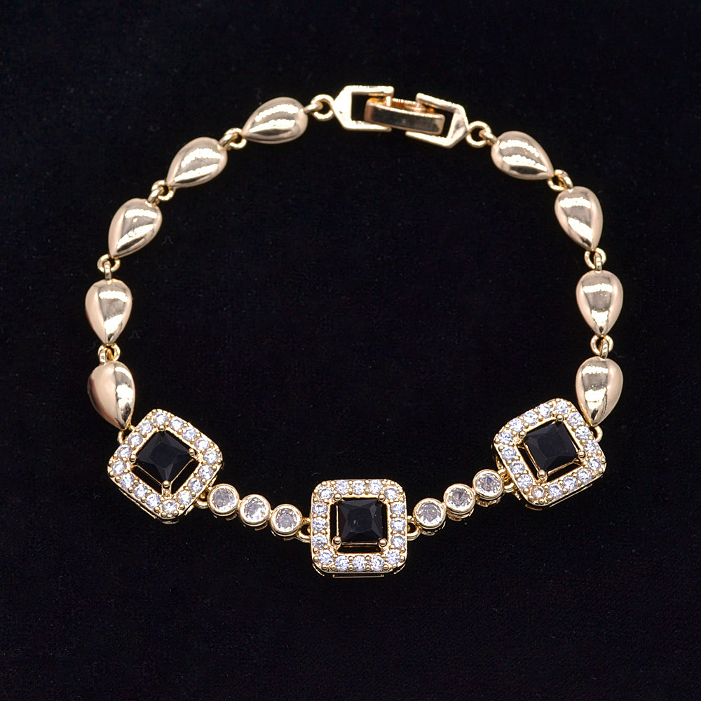 Wholesale Gold Plated Women Black Zircon CZ Cushion Charm Bracelet Jewelry