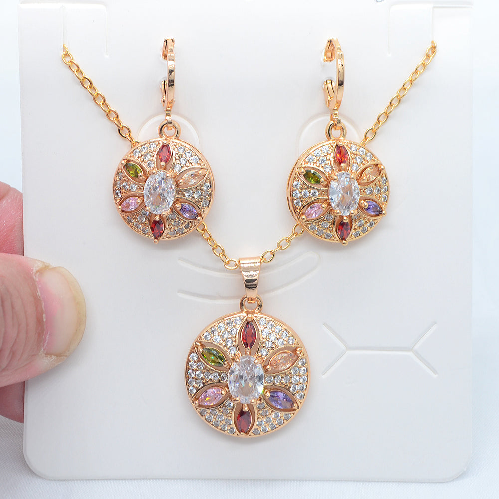Wholesale Gold Plated Women Fashion Clear Zircon CZ Round Flower Jewelry Set