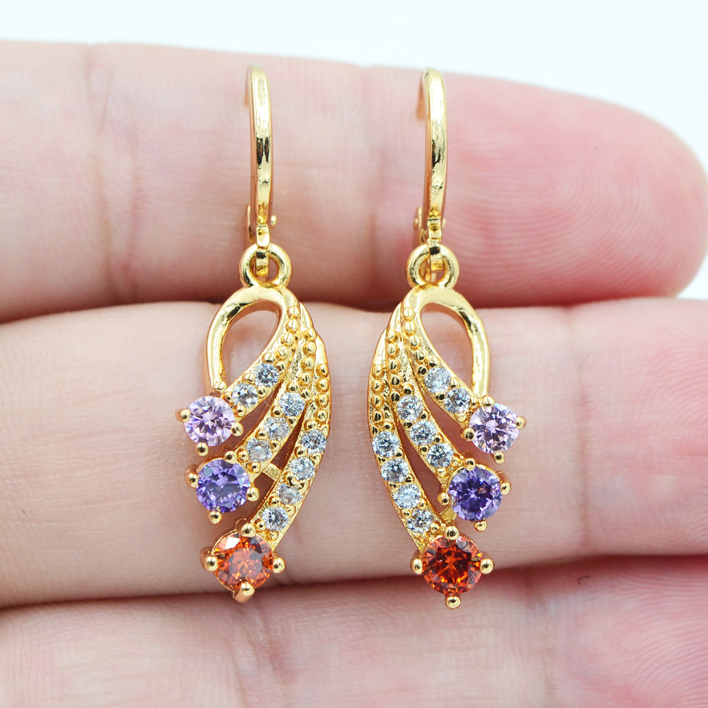 Wholesale Gold Plated Women Multicolor Zircon CZ Angel Wings Dangle Earrings Jewelry