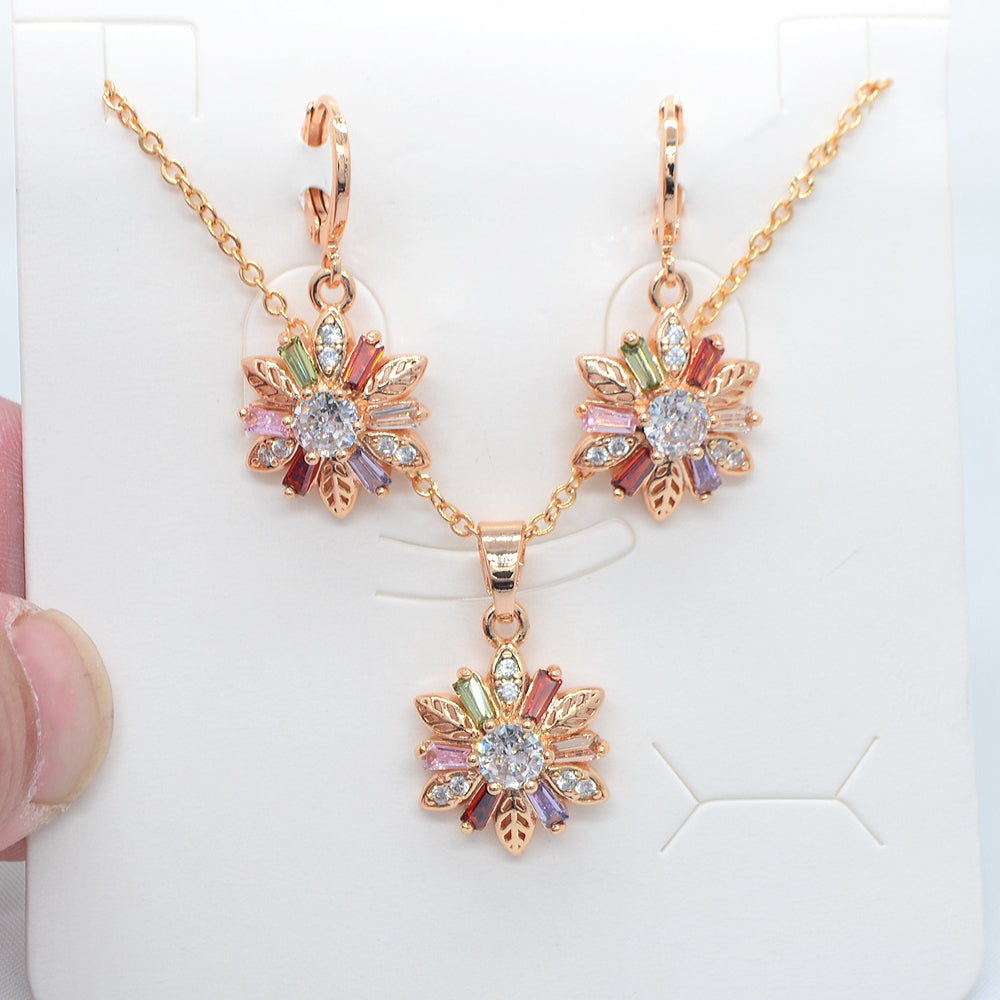 Wholesale Gold Plated Women Multicolor Zircon CZ Flower Wedding Jewelry Set