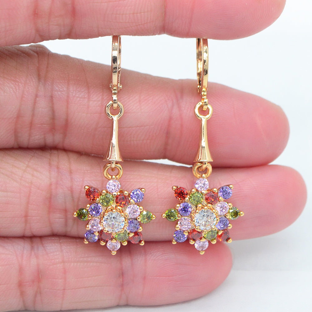 Wholesale Gold Plated Women Multicolor Zircon CZ Blossom Flower Dangle Earring Jewelry