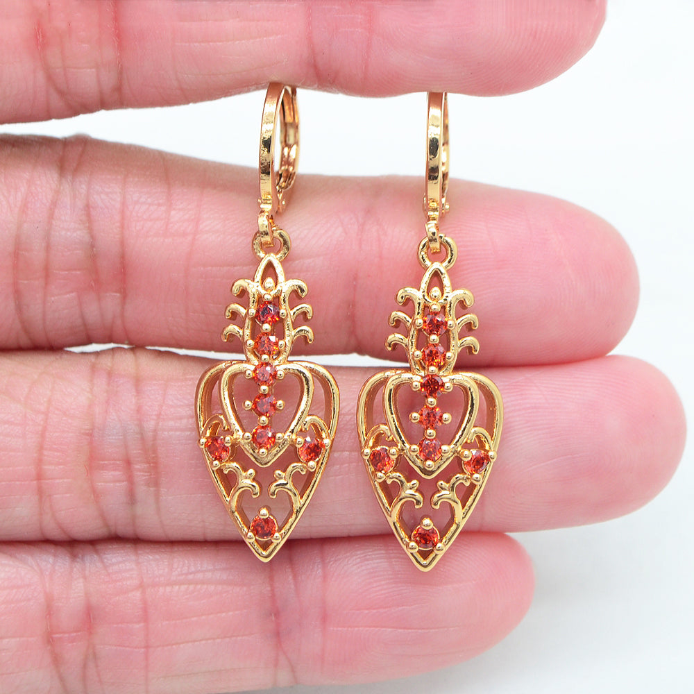 Wholesale Gold Plated Women Red Zircon CZ Hollow Heart Pattern Dangle Earrings Jewelry