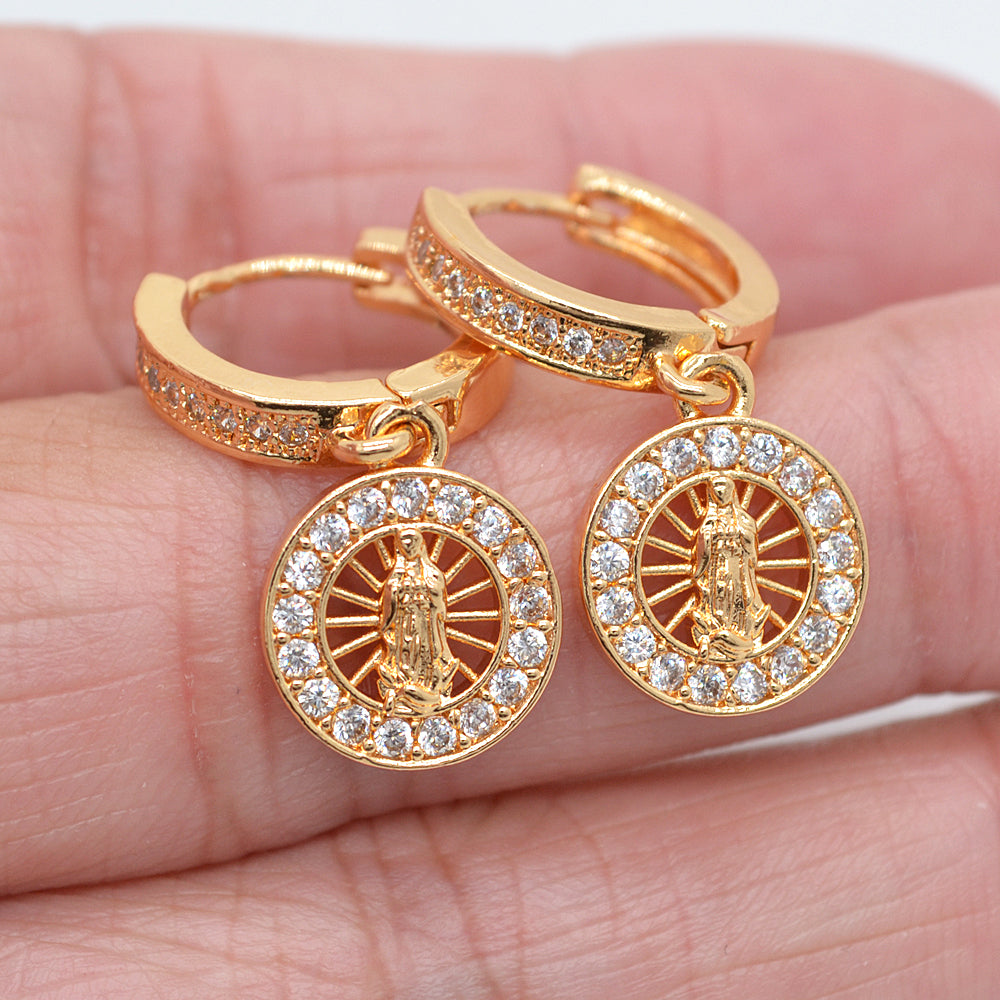 Wholesale Gold Plated Women Clear Zircon CZ Catholic Virgin Mary Round Dangle Huggie Earrings Jewelry