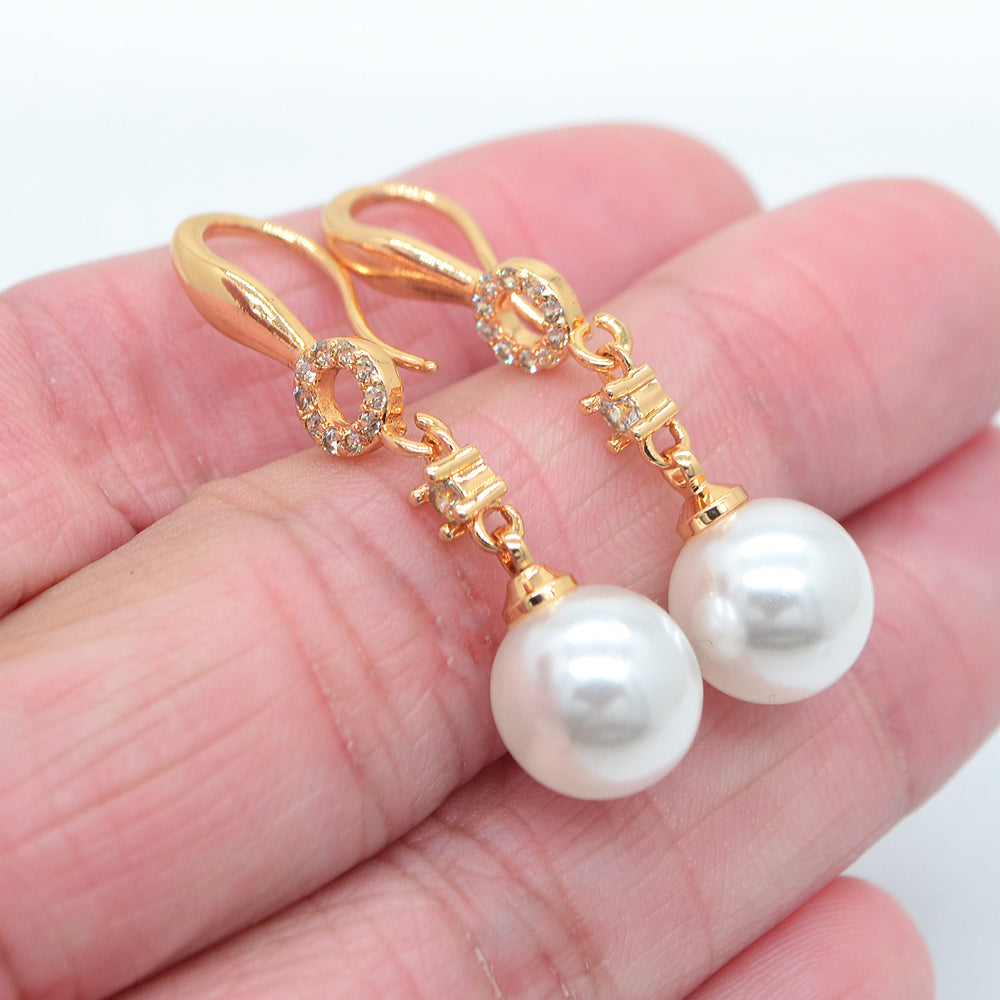 Wholesale Gold Plated Women Clear Zircon White Round Pearl Dangle Earrings Jewelry