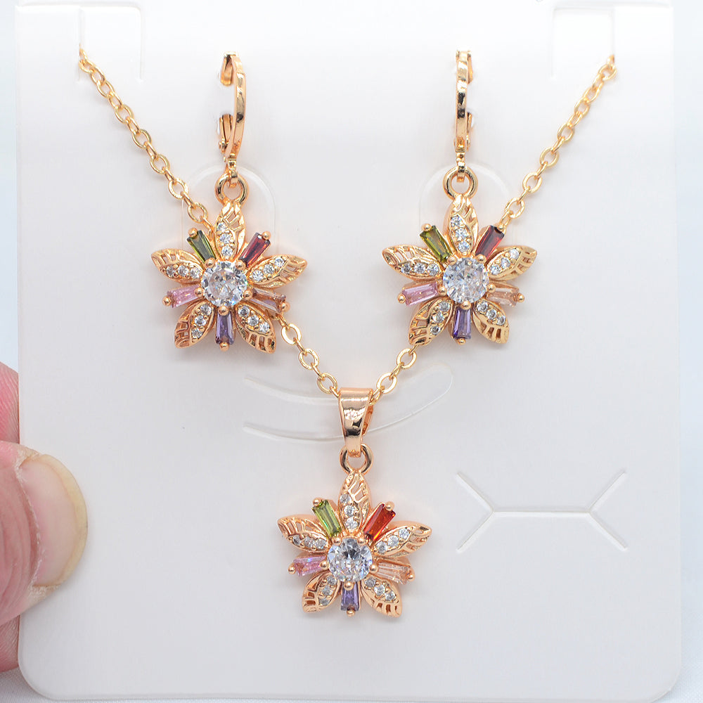 Wholesale Gold Plated Women Multicolor Zircon CZ Flower Anniversary Jewelry Set